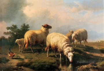 Fowl Painting - Sheep And A Chicken In A Landscape Eugene Verboeckhoven animal